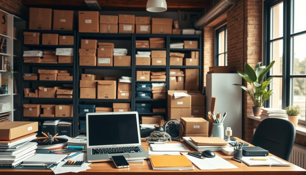A bustling e-commerce workspace with a cluttered desk showcasing a laptop, smartphone, and various office supplies. In the background, shelves filled with neatly packaged products ready for shipping. Warm, natural lighting filters through large windows, creating a cozy, inviting atmosphere. The scene conveys the energy and potential of building an online side hustle, with a focus on the essential tools and infrastructure needed to succeed in the world of e-commerce.