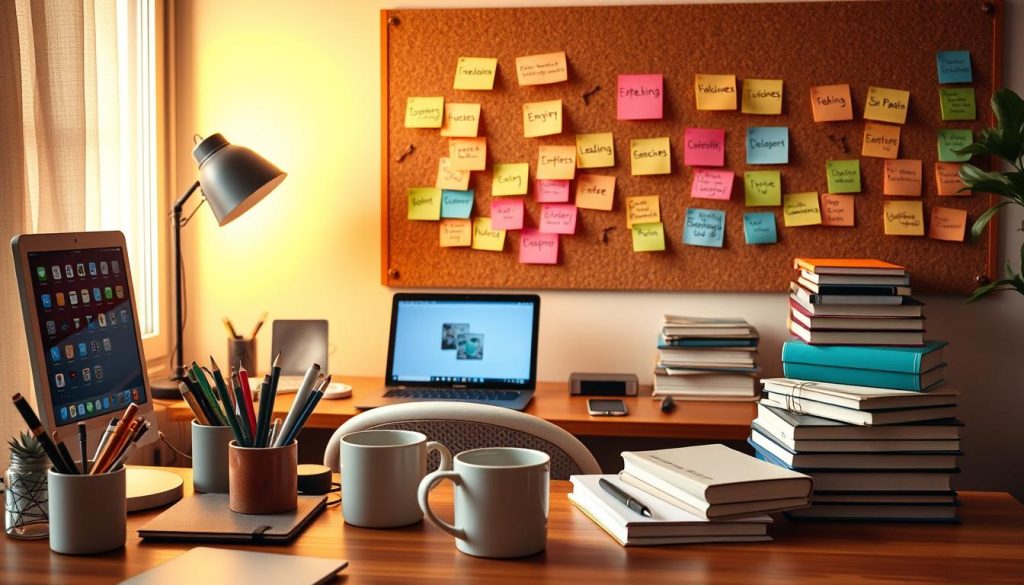 A cozy home office with an array of beginner-friendly side hustle ideas. The foreground showcases various digital devices, stationery, and a coffee mug, hinting at online-based opportunities. The middle ground features a desk with a laptop, smartphone, and a stack of books, representing learning and skill development. In the background, a cork board displays colorful sticky notes with side hustle concepts like freelancing, e-commerce, and app development. Warm lighting and a minimalist, organized aesthetic create an inviting and inspiring atmosphere, encouraging the viewer to explore these accessible income-boosting opportunities.