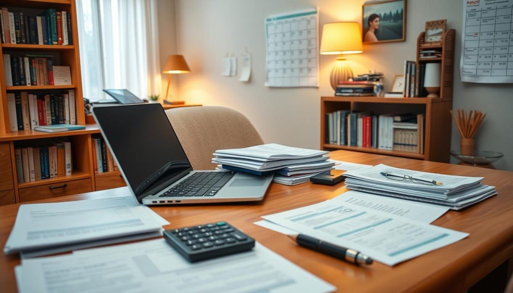 A cozy home office with warm lighting and a wooden desk. On the desk, various financial planning resources are neatly arranged, including a laptop, a stack of documents, a calculator, and a pen. The background features a bookshelf filled with finance-related books and a wall calendar highlighting important financial dates. The overall scene conveys a sense of organization, focus, and financial well-being.