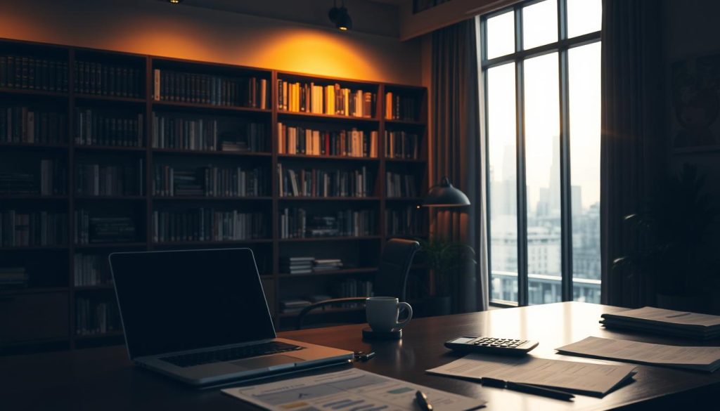 A dimly lit office interior, with a warm, inviting atmosphere. In the foreground, a desk with a laptop, papers, and a calculator, hinting at financial planning. In the middle ground, bookshelves filled with finance-related literature, casting gentle shadows. The background features a large window overlooking a city skyline, suggesting the broader context of investing. The lighting is a mix of soft, indirect illumination and strategic highlights, creating a contemplative mood. The overall composition conveys a sense of thoughtful financial strategies being developed.