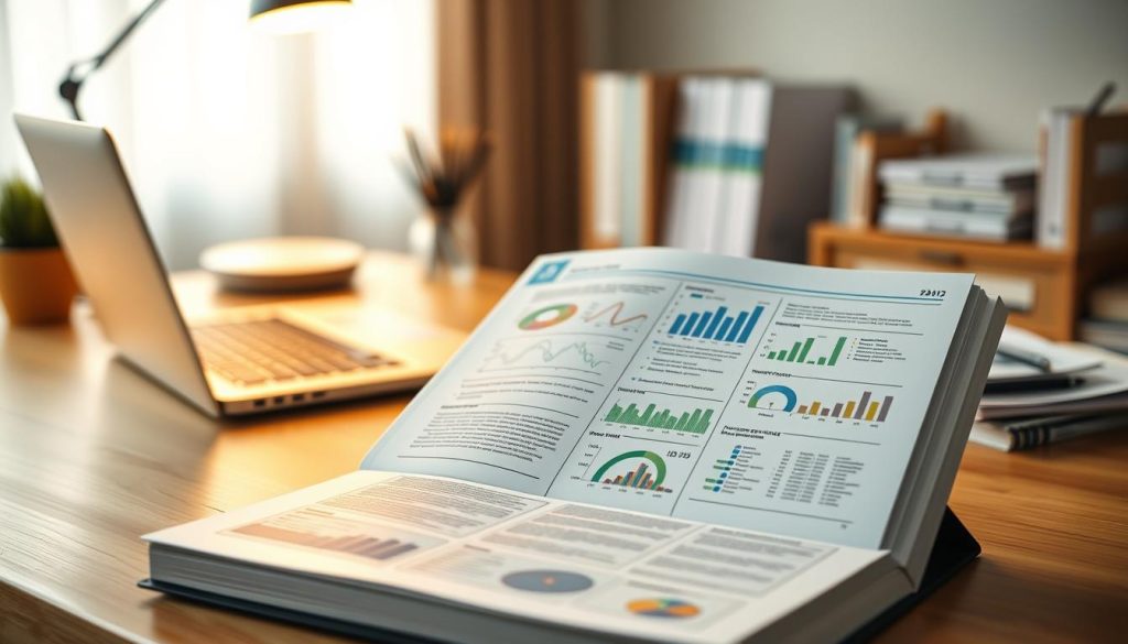 A finely crafted financial planning guide, meticulously designed with a clean and professional aesthetic. In the foreground, a hardcover book with a minimalist cover, its pages open to reveal detailed financial charts, graphs, and infographics. The middle ground showcases a desktop workspace, complete with a laptop, a stack of documents, and a stylish desk organizer. The background is a serene, softly lit office setting, emphasizing the importance of thoughtful financial planning. Warm lighting from a table lamp casts a gentle glow, creating an atmosphere of calm and focus. This comprehensive guide promises to unlock the viewer's financial future, guiding them through the initial steps of saving and investing with clarity and confidence.