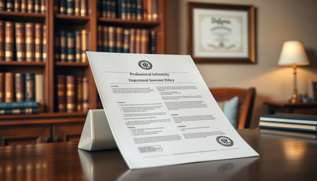 A high-quality, professional indemnity insurance policy document, displayed on a polished mahogany desk under soft, warm lighting. The document has a clean, formal design with a prominent logo, clear policy details, and official seals. In the background, a bookshelf filled with legal tomes and a framed diploma on the wall convey an atmosphere of authority and expertise. The scene projects a sense of security, trust, and the importance of protecting oneself as a professional.