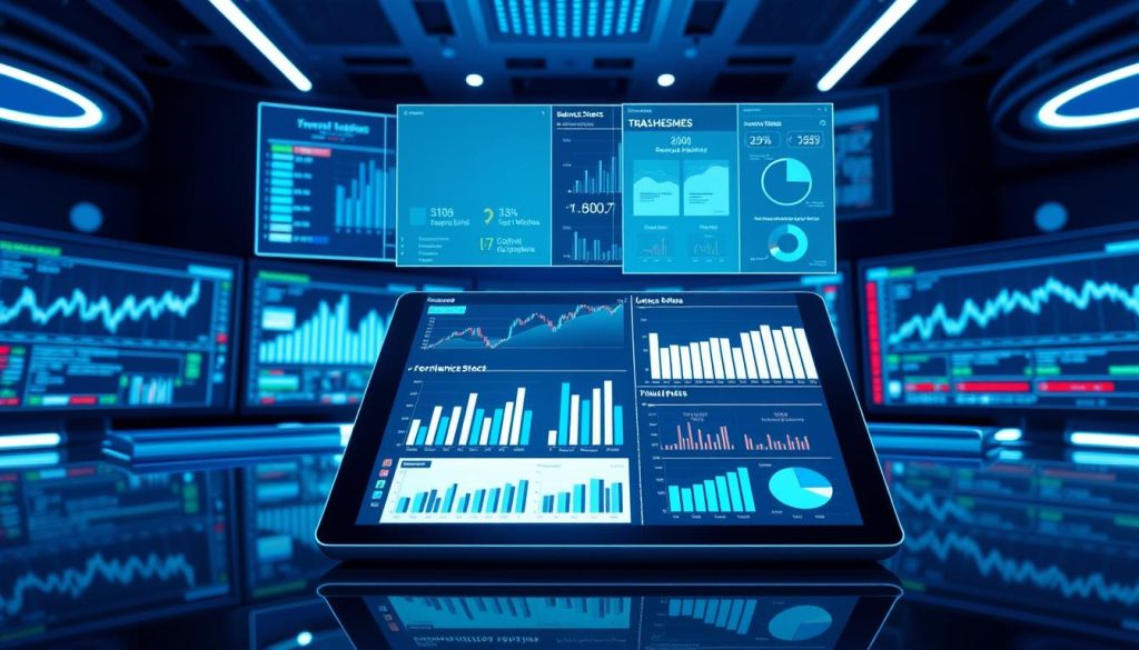 A high-tech digital dashboard showcasing a variety of online financial tools for entrepreneurs. In the foreground, a sleek tablet device displays interactive charts, graphs, and analytics tracking key business metrics. Behind it, a holographic projection system projects virtual financial reports, balance sheets, and cashflow statements. In the background, a panoramic array of monitors displays real-time stock tickers, market data, and investment portfolios. The scene is bathed in a cool, blue-tinted lighting, creating a modern, futuristic atmosphere of technological sophistication and financial empowerment.