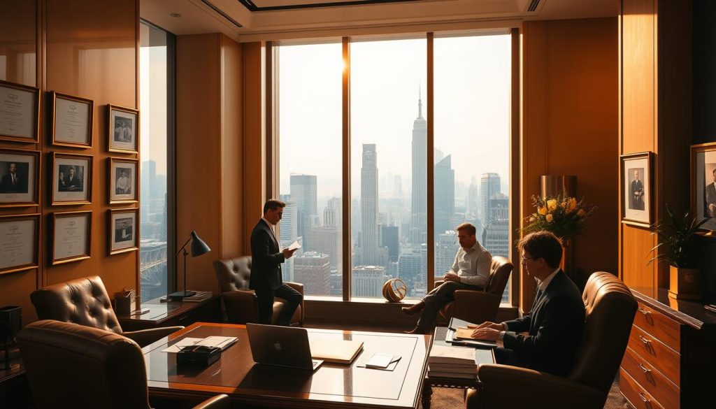 A luxurious high-rise office overlooking a bustling financial district, bathed in warm golden light filtering through tall windows. In the foreground, a mahogany desk flanked by plush leather chairs, a laptop and documents neatly arranged. On the walls, framed certificates and awards highlighting the firm's expertise. In the middle ground, well-dressed financial advisors engaged in thoughtful discussions with affluent clients. In the background, the city skyline sparkles with towering skyscrapers. An atmosphere of refined professionalism, financial security, and exclusive wealth management services.