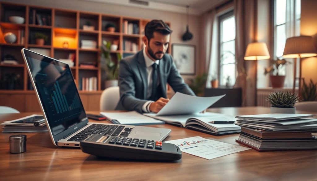 A meticulously detailed financial planning scene for an entrepreneur, captured in a crisp, high-resolution photograph. In the foreground, a professional-looking desk with a laptop, a stack of documents, and a calculator. In the middle ground, an entrepreneur in a suit, intently studying the figures on the screen. The background features a tastefully designed office space with warm lighting, bookshelves, and potted plants, conveying a sense of thoughtful organization and growth potential. The overall atmosphere is one of focused determination, with a touch of sophisticated ambiance, reflecting the careful considerations involved in budgeting, tax planning, and future expansion for a thriving small business.