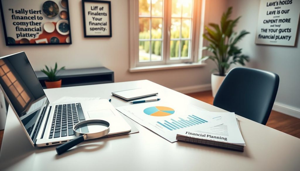 A neatly organized desk with a laptop, notebook, and financial planning documents. A clean, well-lit home office setting with warm, natural lighting filtering in through large windows. On the desk, a magnifying glass hovers over a pie chart, indicating careful analysis of financial data. The walls are adorned with inspirational artwork and motivational quotes, creating a focused, goal-oriented atmosphere. In the background, a carefully manicured garden is visible through the windows, symbolizing the long-term growth and sustainability of the financial plan. The overall scene conveys a sense of intentionality, discipline, and a clear vision for the future.