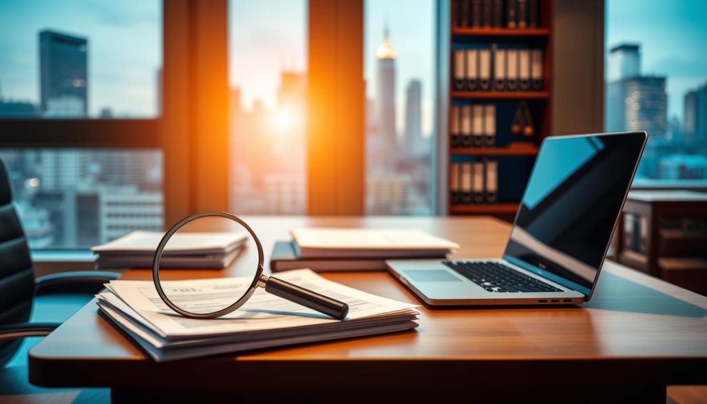 A professional office setting with a well-organized desk, a laptop, and a stack of documents. In the foreground, a magnifying glass and a shield icon symbolizing asset protection strategies. The middle ground features a bookshelf with financial and legal books, while the background showcases a window overlooking a bustling city skyline. The lighting is warm and inviting, creating a sense of professionalism and security. The overall atmosphere conveys a thoughtful, strategic approach to safeguarding one's professional practice and assets.