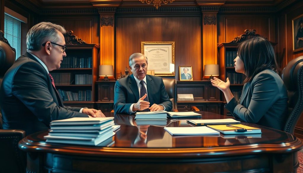 A professional, well-lit office interior with a large, ornate wooden desk and high-backed leather chairs. On the desk, there are stacks of documents, a computer, and a framed certificate on the wall behind it. In the foreground, a middle-aged professional in a suit is engaged in a serious discussion with two younger colleagues, all gesturing animatedly. The lighting is warm and focused, creating a sense of gravity and importance. The background is slightly blurred, with bookshelves and framed artwork visible, suggesting an established, prestigious practice. The overall atmosphere conveys the weight and responsibility of succession planning for a professional endeavor.