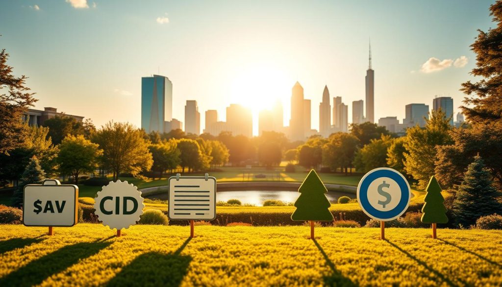A serene and inviting financial landscape, bathed in warm, golden sunlight. In the foreground, a diverse array of safe investment options stand out, each represented by a simple, iconic symbol - a savings account, a government bond, a certificate of deposit, a blue-chip stock. The middle ground features a well-manicured garden, with lush greenery and a tranquil pond, symbolizing the stability and growth potential of these prudent investments. In the background, a modern, glass-and-steel skyline rises, suggesting the broader economic context in which these beginner-friendly options thrive. The overall composition conveys a sense of security, reliability, and a path towards financial well-being.