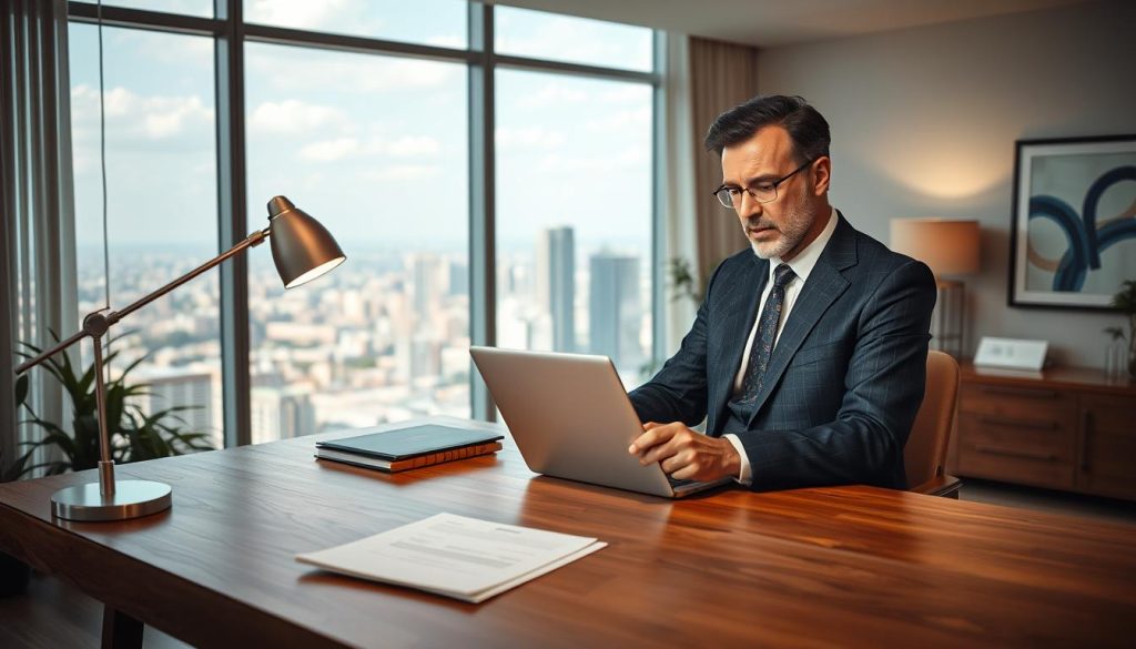 A serene office interior with floor-to-ceiling windows overlooking a sprawling cityscape. In the foreground, a polished oak desk adorned with a few discreet financial documents and a stylized desk lamp casting a warm glow. In the middle ground, a distinguished-looking individual, dressed in a sharp, tailored suit, sits contemplatively, laptop open and brow furrowed, deep in thought about strategies to protect their hard-earned wealth. The background features subtle, elegant decor - a well-stocked bookshelf, a piece of abstract art, and a few potted plants, all contributing to an atmosphere of quiet professionalism and financial security.