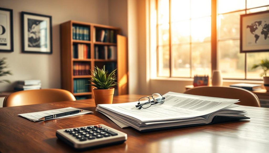 A serene, well-lit office setting with warm, natural lighting filtering in through large windows. In the foreground, a wooden desk with a stack of financial documents, a calculator, and a pen neatly arranged. On the desktop, a potted plant and a pair of reading glasses symbolize a thoughtful, disciplined approach to personal finance. In the middle ground, a bookshelf filled with investment guides and financial planning resources. The background features a neutral-toned wall with framed artwork, conveying a sense of professionalism and expertise. The overall atmosphere is one of calm, focus, and a dedication to the fundamentals of investment and personal wealth management.