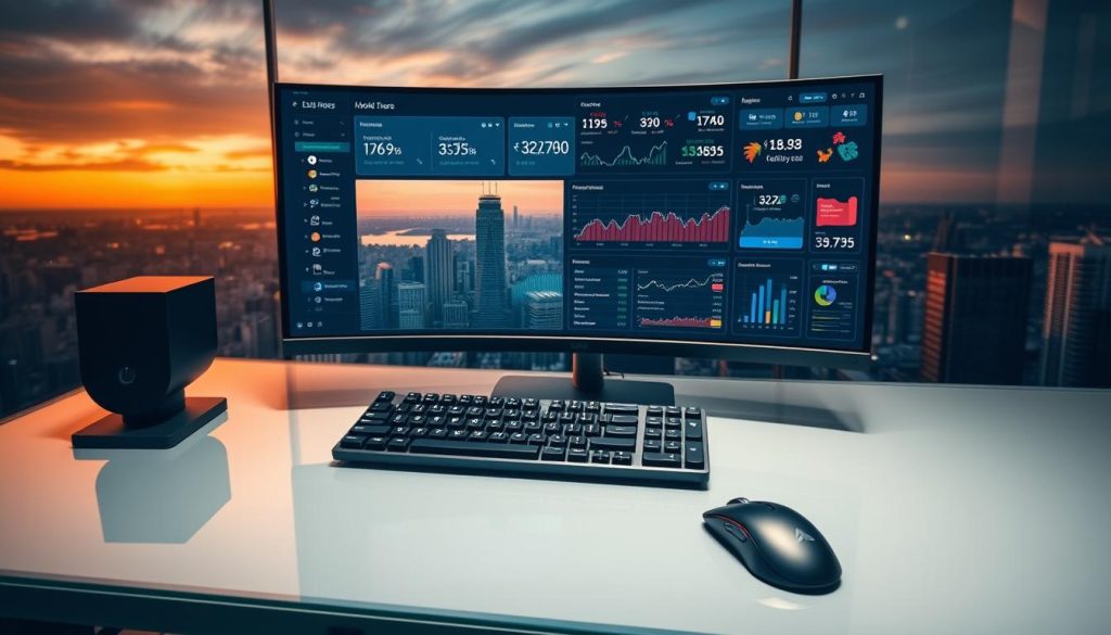A sleek, minimalist workspace with a large monitor displaying a dynamic dashboard of financial data, charts, and analytical insights. In the foreground, a stylish mechanical keyboard and a modern mouse rest on a clean, glass desk. Warm, directional lighting casts subtle shadows, creating a professional and efficient atmosphere. The background features a panoramic view of a bustling cityscape, hinting at the global reach and scale of the automated investment systems. The overall scene conveys a sense of effortless control and mastery over one's financial future.