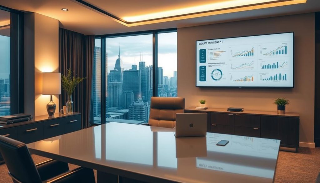 A sleek, modern office setting with an elegant executive desk, a large window overlooking a skyline, and a sophisticated wealth management display on the wall. The lighting is warm and softly diffused, creating a sense of understated luxury. The color palette is muted and refined, with accents of deep browns, greys, and metallic tones. The desk is uncluttered, with a laptop, a tablet, and a few carefully placed objects conveying an air of organized professionalism. The wealth management display features clean, minimalist infographics and charts, showcasing streamlined data visualization. The overall atmosphere is one of effortless sophistication, reflecting the section title "Investment Planning for Busy Professionals: Creating Your Time-Efficient Strategy".