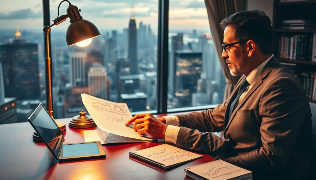 A sophisticated investor sits at a mahogany desk, meticulously analyzing stock charts and financial reports under the warm glow of a brass desk lamp. Behind them, an expansive panoramic window overlooks a bustling cityscape, symbolizing the high-stakes world of high-income investing. On the desk, a tablet displays complex algorithmic trading models, while a bookshelf in the background contains volumes on investment strategies and wealth management. The scene conveys a sense of diligent focus, calculated risk-taking, and the pursuit of financial optimization for the affluent individual.
