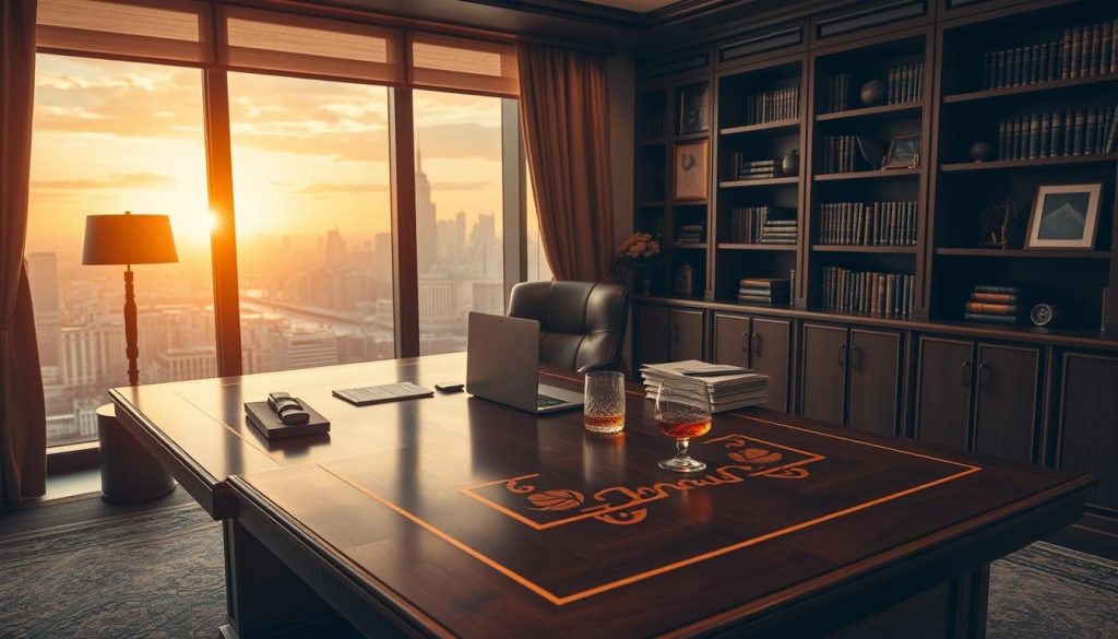A sophisticated office interior with warm lighting and a polished, high-end aesthetic. In the foreground, a beautifully crafted, custom-made wooden desk with intricate inlays and a sleek, minimalist design. On the desk, a laptop, a stack of financial documents, and a glass of amber-colored liquor. Behind the desk, a large window overlooking a picturesque city skyline, bathed in the golden hues of the setting sun. Along the walls, bookshelves filled with leather-bound volumes and tasteful art pieces, creating an atmosphere of refined affluence. The overall mood is one of thoughtful, tailored wealth management, where every detail has been carefully considered and curated.