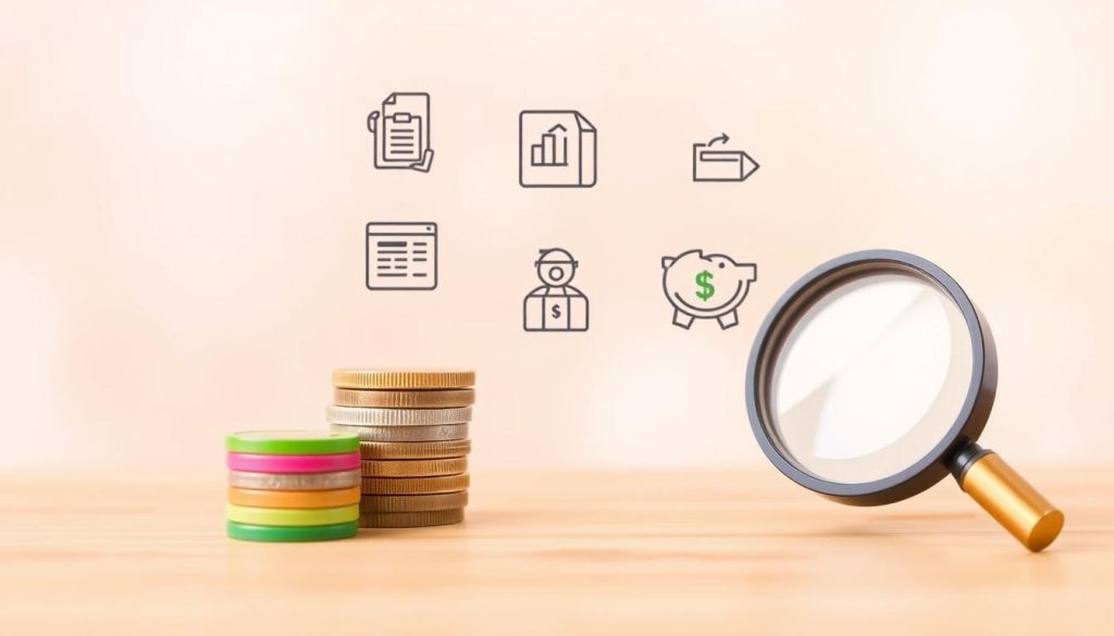 A stylized illustration of budgeting tips, set against a warm, pastel-tinted background. In the foreground, a stack of colorful coins and a magnifying glass, conveying the idea of careful financial analysis. In the middle ground, simple yet impactful icons representing key budgeting strategies, such as categorizing expenses, tracking spending, and setting savings goals. The background is softly blurred, adding a sense of focus and clarity to the central elements. The overall mood is one of organization, mindfulness, and a deliberate approach to personal finance, reflecting the "Smart Ways to Grow Your Savings Through Effective Budgeting" theme.