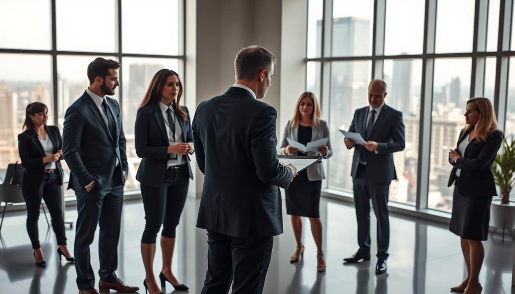 A team of professional wealth managers standing in a modern, well-lit office. In the foreground, a group of 3-4 people in business attire, engaged in a discussion over financial documents and digital displays. In the middle ground, the office features a minimalist design with floor-to-ceiling windows, allowing natural light to flood the space. In the background, a skyline of a bustling financial district is visible through the windows, conveying a sense of wealth and prosperity. The scene is captured with a mid-range focal length, creating a balanced, cinematic composition. The overall mood is one of confidence, expertise, and a commitment to providing exceptional wealth management services.