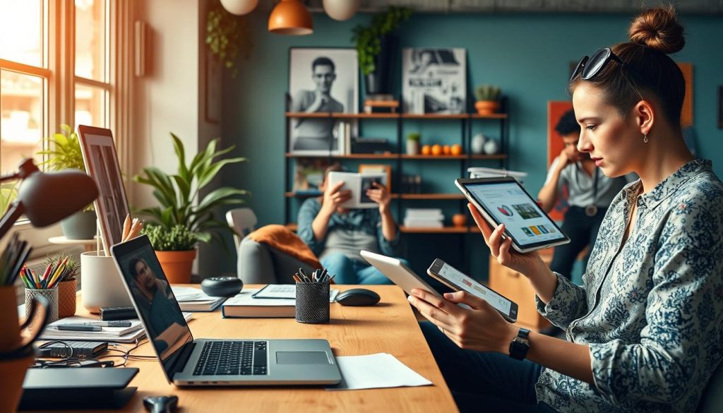 A vibrant and dynamic scene showcasing a variety of profitable side hustles. In the foreground, a freelance graphic designer works on a sleek laptop, surrounded by a neatly organized workspace with an array of design tools. In the middle ground, an online reseller meticulously photographs and lists vintage items on a sleek e-commerce platform. In the background, a person conducts market research on a tablet, exploring opportunities for a new small business venture. The lighting is warm and natural, with a touch of cinematic flair, creating an atmosphere of productivity, entrepreneurship, and financial empowerment.