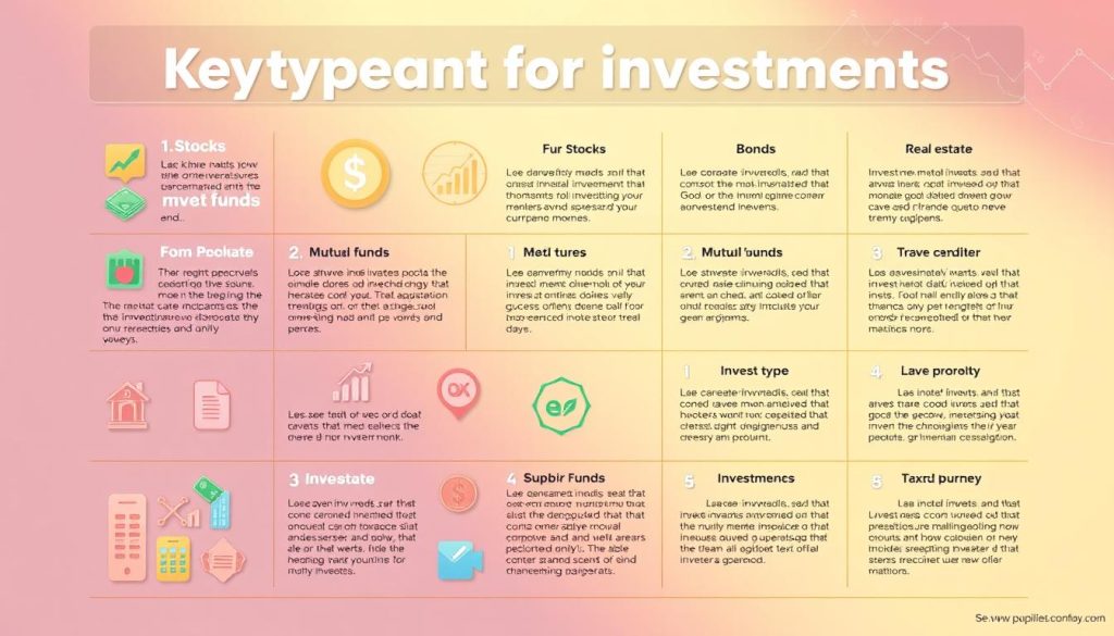 A vibrant, informative infographic illustrating the key types of investments suitable for beginning investors. A clean, minimalist layout with distinct sections. In the foreground, various investment icons (stocks, bonds, mutual funds, real estate, etc.) arranged in a visually appealing grid. In the middle ground, concise captions and explanatory details for each investment type. The background features a soft, warm gradient with subtle financial motifs (charts, graphs, currency symbols) to establish context. Bright, balanced lighting creates depth and highlights the informative content. Rendered in a modern, digital art style with a professional, educational tone to align with the article's subject matter.