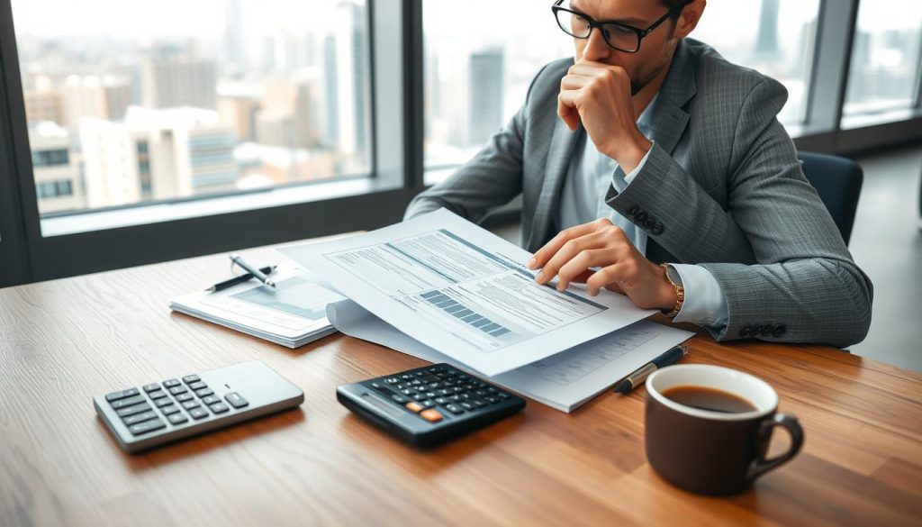 A well-lit, high-resolution image of a thoughtful investor reviewing financial documents and tax-related paperwork on a wooden desk. The foreground features the investor's hands holding documents, with a calculator, pen, and cup of coffee nearby. The middle ground showcases a modern, minimalist office setting with a large window overlooking a cityscape in the background, creating a sense of urban sophistication. Soft, natural lighting from the window illuminates the scene, while the color palette consists of warm, earthy tones to convey a sense of stability and efficiency. The overall atmosphere suggests a considered, methodical approach to tax-efficient investing.