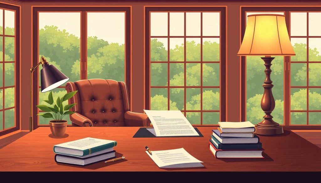An elegant, refined estate planning illustration featuring a wooden desk with a leather armchair, a potted plant, and a stack of documents. Soft, warm lighting from a table lamp casts a cozy glow, while large windows in the background showcase a lush, verdant landscape. A sense of professionalism and expertise permeates the scene, conveying the importance and gravity of estate planning. The composition is balanced and visually appealing, drawing the viewer's attention to the key elements of the topic.