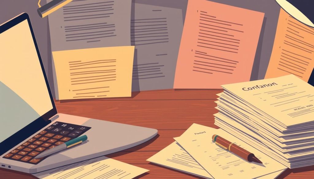 Detailed illustration of essential budgeting tips for freelancers and entrepreneurs. A thoughtfully curated desk setup with a laptop, calculator, pen, and stack of financial documents. Warm, soft lighting illuminates the scene, creating a focused and productive atmosphere. Textured paper backgrounds and muted, earthy tones evoke a sense of organization and diligence. The composition emphasizes the importance of careful financial planning and record-keeping for the independent professional, conveying a message of financial responsibility and stability.