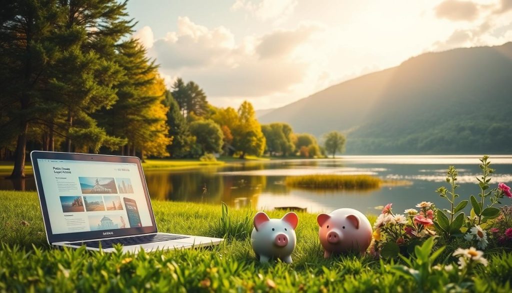 Passive income opportunities: a tranquil scene of a lush, verdant landscape with a serene lake reflecting the sky. In the foreground, various passive income streams emerge organically, such as a laptop representing online businesses, a piggy bank for investments, and a smartphone for app-based revenue. The middle ground showcases a harmonious blend of natural elements, from swaying trees to blooming flowers, conveying a sense of growth and abundance. The background is bathed in warm, golden light, evoking a feeling of calm and prosperity. The overall composition suggests a well-balanced, sustainable approach to building long-term wealth through diverse passive income sources.