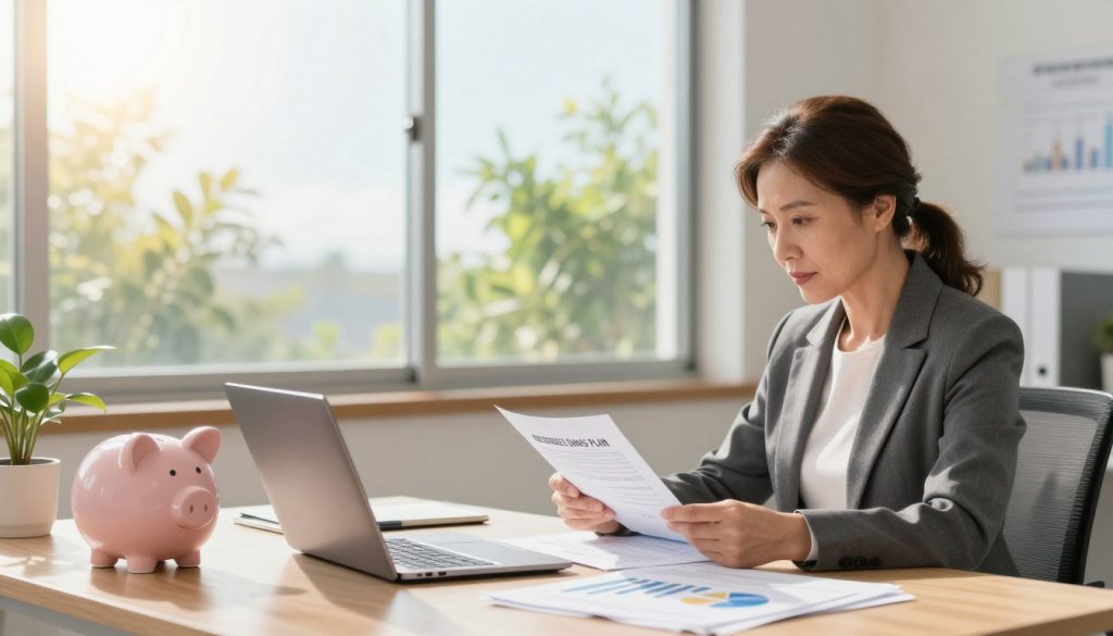 A detailed illustration of a retirement savings plan, depicting a serene office environment. In the foreground, a professional, middle-aged woman in business attire is reviewing financial documents on her desk, surrounded by a laptop, charts, and a piggy bank symbolizing savings. The middle layer features a large window displaying a bright, sunny day outside, with greenery visible in the background, representing growth and potential. Soft sunlight filters in, casting a warm glow on the scene, enhancing the feeling of optimism about the future. The composition should be calm and inviting, with a focus on financial security and proactive planning, using a wide-angle perspective to capture the entire setting effectively. A detailed illustration of a retirement savings plan, depicting a serene office environment. In the foreground, a professional, middle-aged woman in business attire is reviewing financial documents on her desk, surrounded by a laptop, charts, and a piggy bank symbolizing savings. The middle layer features a large window displaying a bright, sunny day outside, with greenery visible in the background, representing growth and potential. Soft sunlight filters in, casting a warm glow on the scene, enhancing the feeling of optimism about the future. The composition should be calm and inviting, with a focus on financial security and proactive planning, using a wide-angle perspective to capture the entire setting effectively.