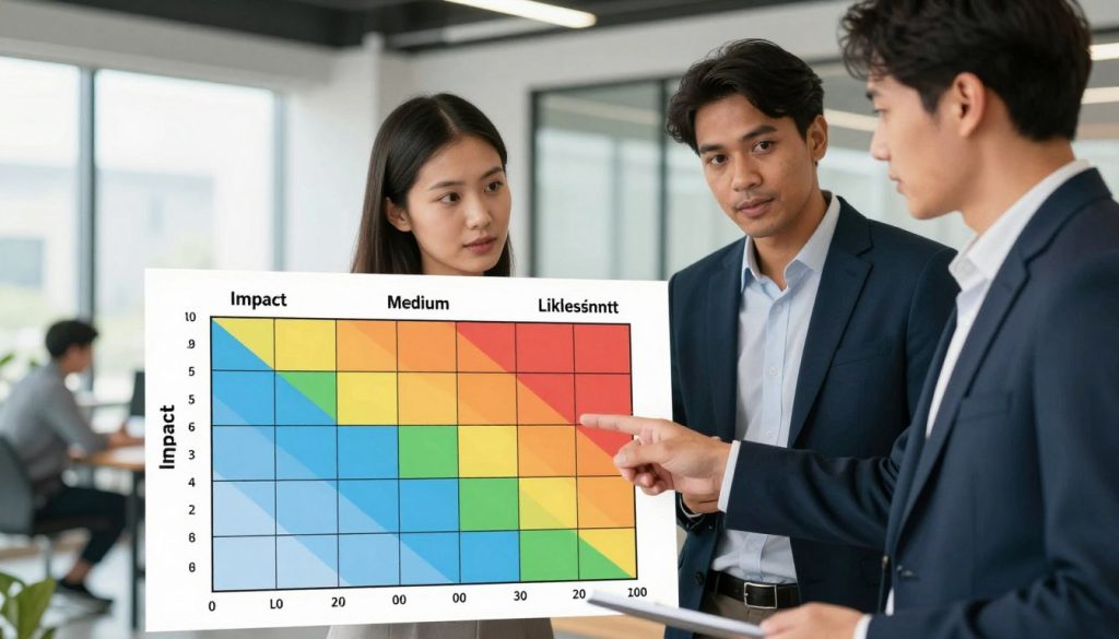 A detailed risk assessment matrix displayed prominently in the foreground, featuring a grid layout with clearly defined axes labeled "Impact" and "Likelihood." Each cell within the grid is color-coded to represent different risk levels: low, medium, and high. In the middle ground, a diverse group of two professionals in business attire—one woman and one man—are in discussion, pointing towards the matrix with engaged expressions, emphasizing collaboration in risk management. The background features a modern office setting with soft-focus elements, such as a large window allowing natural light to stream in, creating an uplifting atmosphere. The overall mood is professional and serious, with a hint of optimism as they work toward optimizing their personal risk management plan.