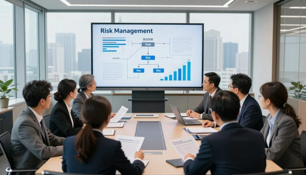 A professional business meeting scene illustrating the implementation of a risk management strategy. In the foreground, a diverse group of business professionals in formal attire is gathered around a conference table, reviewing documents, and discussing plans. In the middle, a large digital screen displays graphs and flowcharts related to risk management. The background shows a modern, well-lit boardroom with a large window displaying a city skyline, symbolizing growth and opportunity. The lighting is bright and focused, creating a serious yet collaborative atmosphere. The angle is slightly from above, allowing a comprehensive view of the team dynamics and the strategic planning process. The overall mood is one of determination and professionalism, conveying the importance of effective risk management in business.