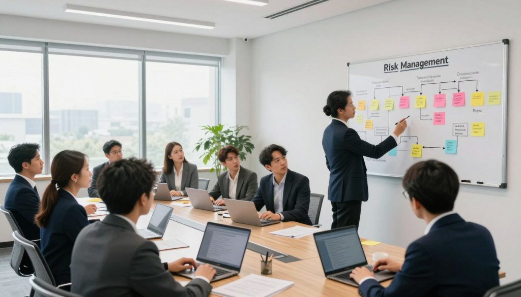 A professional office environment depicting the implementation of a risk management plan. In the foreground, a diverse group of professionals in business attire, focused on a large wall-mounted diagram mapping out the plan's key steps, using colorful sticky notes and markers. In the middle ground, a large conference table set with laptops and documents, reflecting teamwork and collaboration. In the background, a large window with soft natural light illuminating the space, creating a productive atmosphere. The mood is one of urgency and determination, emphasizing strategic thinking and proactive measures. Use a wide-angle lens to capture the details and depth of the scene, ensuring the various elements are harmoniously composed within the frame.