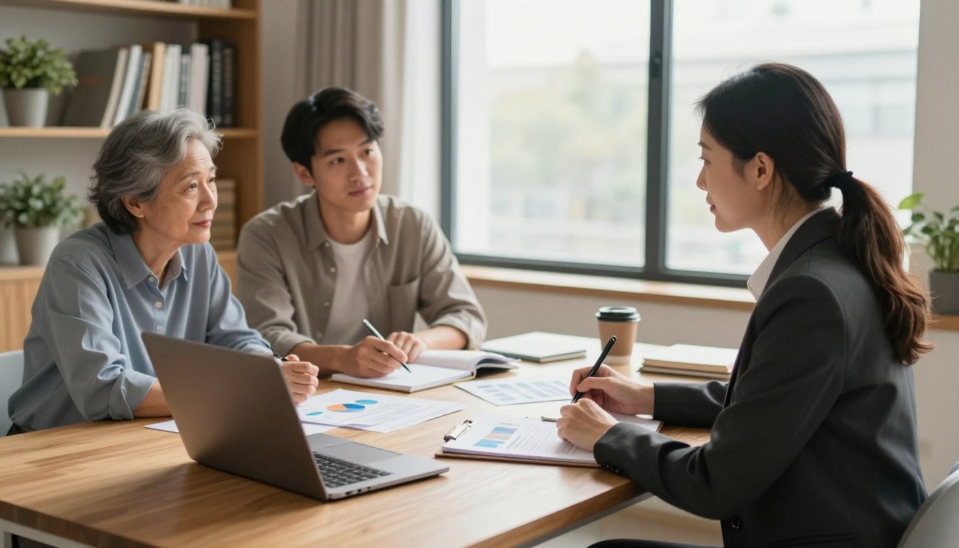 A serene office setting showcasing a professional financial advisor conducting a retirement budgeting consultation with a couple. The foreground features the advisor, a middle-aged woman in professional business attire, seated at a modern wooden desk with a laptop, graphs, and financial documents strewn about. The couple, a man and woman in modest casual clothing, appear engaged, taking notes. In the middle, a large window lets in soft, natural light, illuminating the scene with a warm glow. In the background, a bookshelf filled with finance-related books and plants adds a touch of comfort and professionalism. The atmosphere is calm and focused, reflecting the importance of planning for a comfortable retirement.