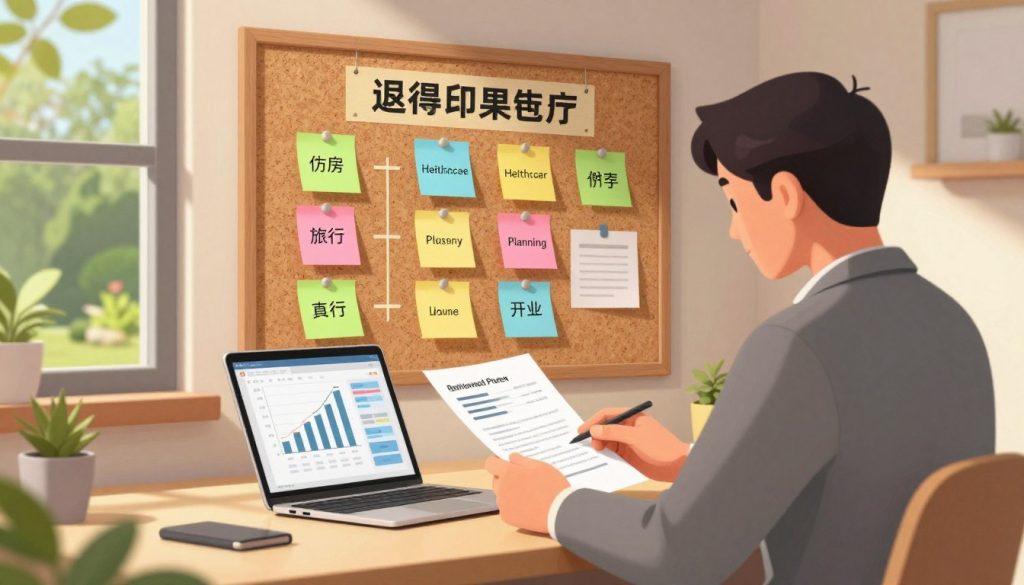 A visually engaging illustration depicting retirement planning expenses, set in a modern home office. In the foreground, a professional-looking individual, dressed in smart casual attire, thoughtfully reviews financial documents and a laptop displaying graphs and charts on retirement savings. The middle ground features a large corkboard pinned with colorful sticky notes categorizing different retirement expenses such as housing, healthcare, travel, and leisure. In the background, a window reveals a serene garden scene with lush greenery, suggesting a peaceful retirement lifestyle. The lighting is warm and inviting, casting soft shadows, creating a cozy atmosphere. The image captures a sense of focus and optimism about future financial security, emphasizing the importance of careful planning. A visually engaging illustration depicting retirement planning expenses, set in a modern home office. In the foreground, a professional-looking individual, dressed in smart casual attire, thoughtfully reviews financial documents and a laptop displaying graphs and charts on retirement savings. The middle ground features a large corkboard pinned with colorful sticky notes categorizing different retirement expenses such as housing, healthcare, travel, and leisure. In the background, a window reveals a serene garden scene with lush greenery, suggesting a peaceful retirement lifestyle. The lighting is warm and inviting, casting soft shadows, creating a cozy atmosphere. The image captures a sense of focus and optimism about future financial security, emphasizing the importance of careful planning.